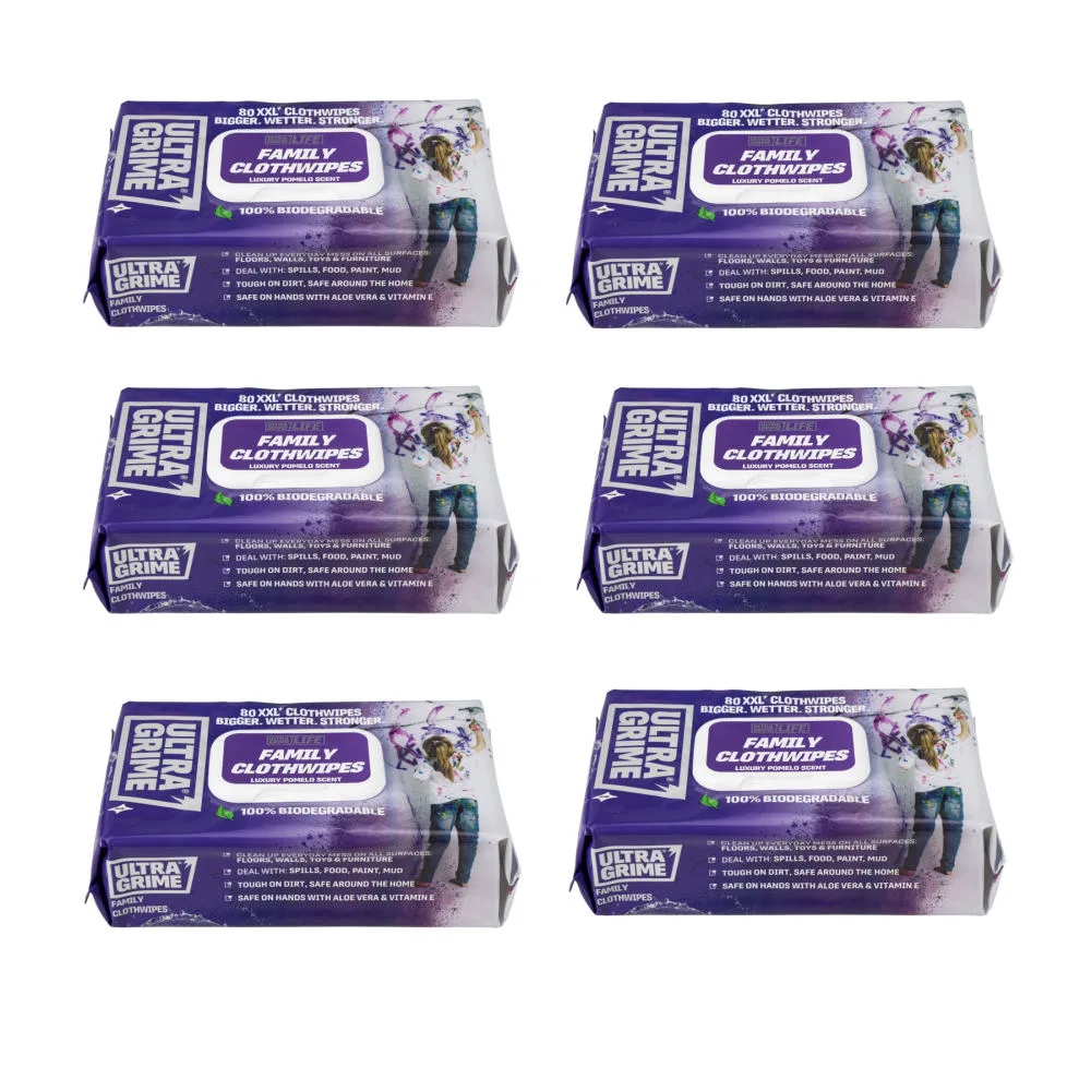 Set 6 pachete de servetele umede UltraGrime Family, 38 cm x 25 cm, 480 de bucati biodegradabile