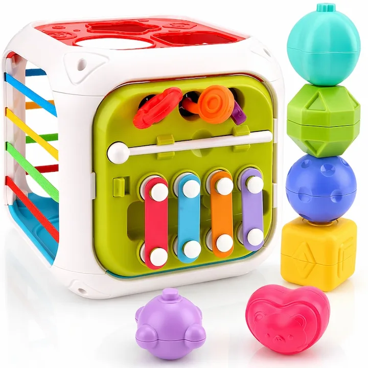 Jucarie educativa interactiva 7 in 1 Macvi Cub Montessori, senzorii, multicolor, pentru bebelusi si copii 1-3 ani