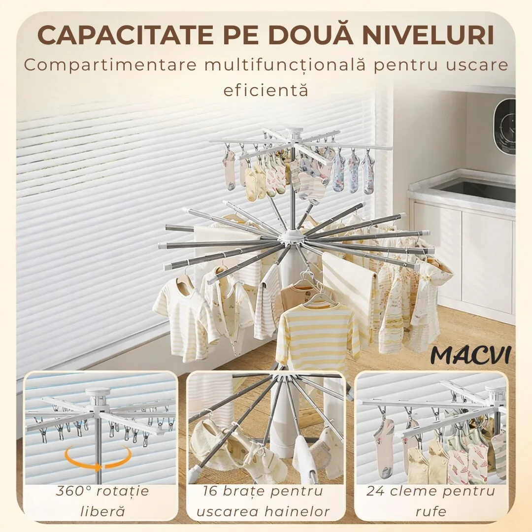 Uscator de rufe vertical Macvi®, 2 nivele, pliabil, mobil, suport umerase, 16 tije, 24 cleme, 170 cm, uscare 360° - imagine 2