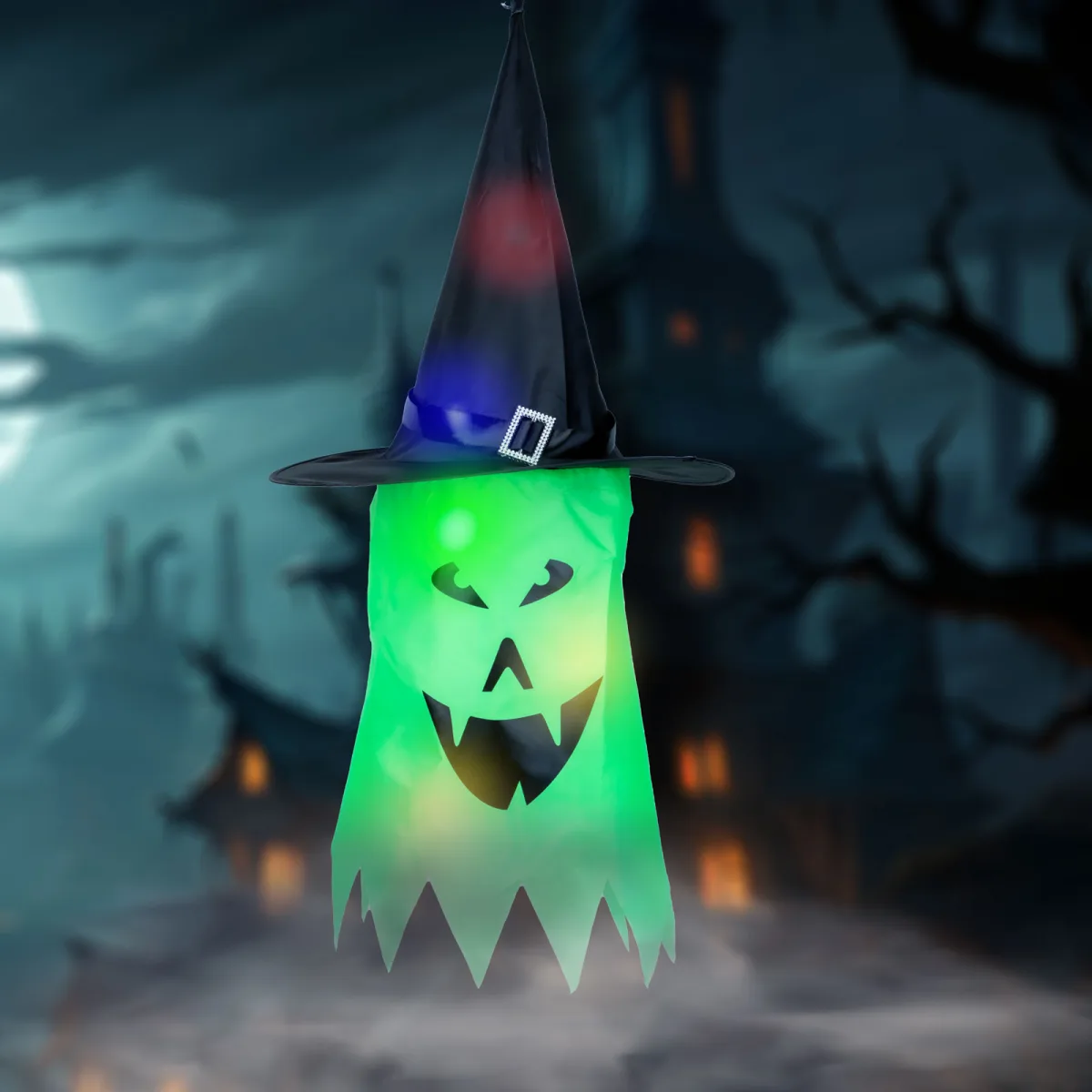 Decor LED Halloween, fantoma, verde, 10 LED-uri, agatat, 75x35 cm, baterie, RGB