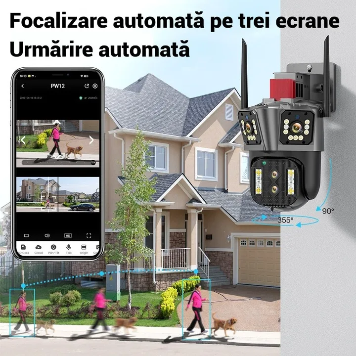 Camera Supraveghere WiFi Tripla Macvi® 4MP HD IP66 Rotire Inteligenta Zoom 4X Vedere Nocturna Color Audio Bidirectional Alarma - imagine 4