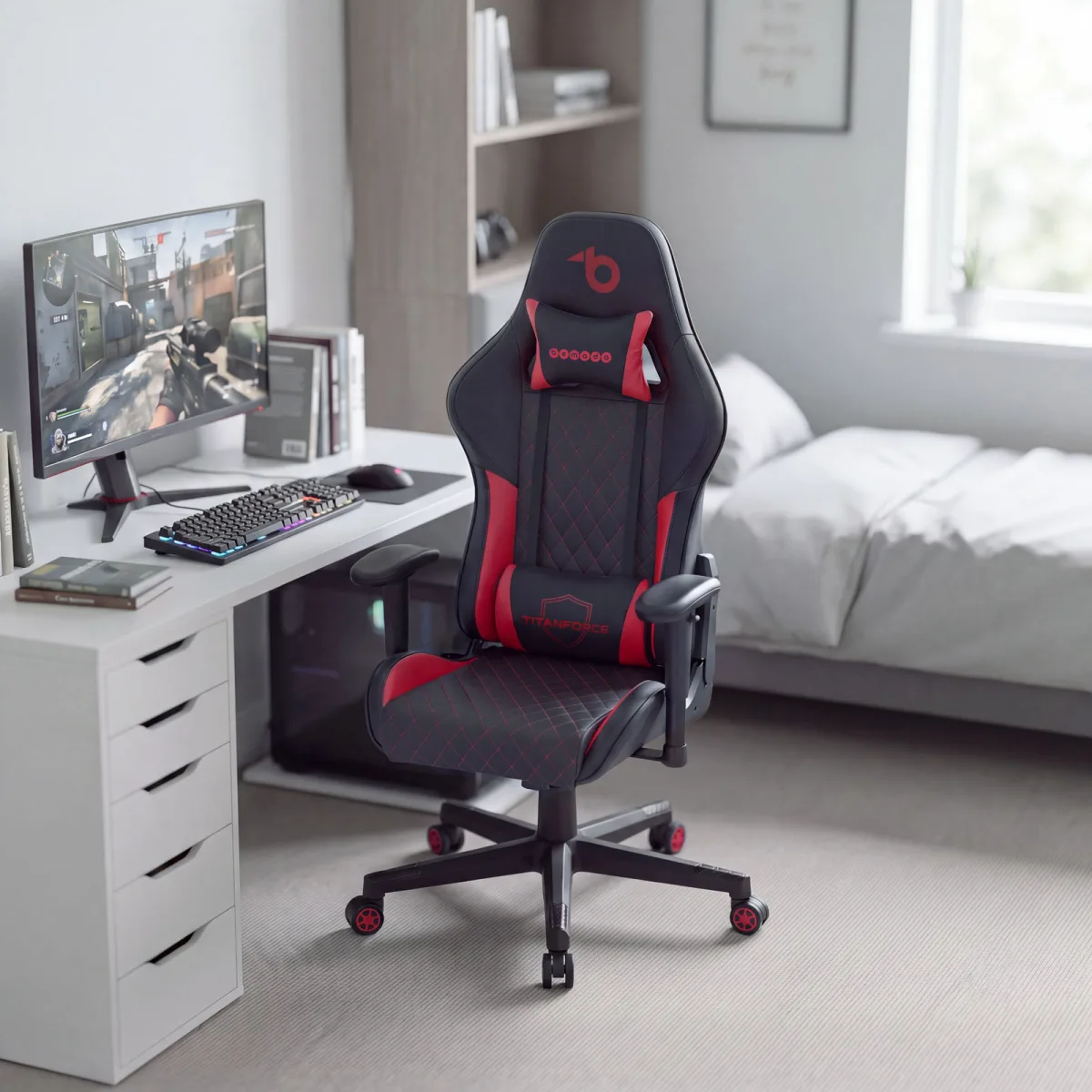 Scaun gaming TitanForce, ergonomic, perne lombara si gat, cotiere 2D, negru rosu, 110 kg - imagine 3