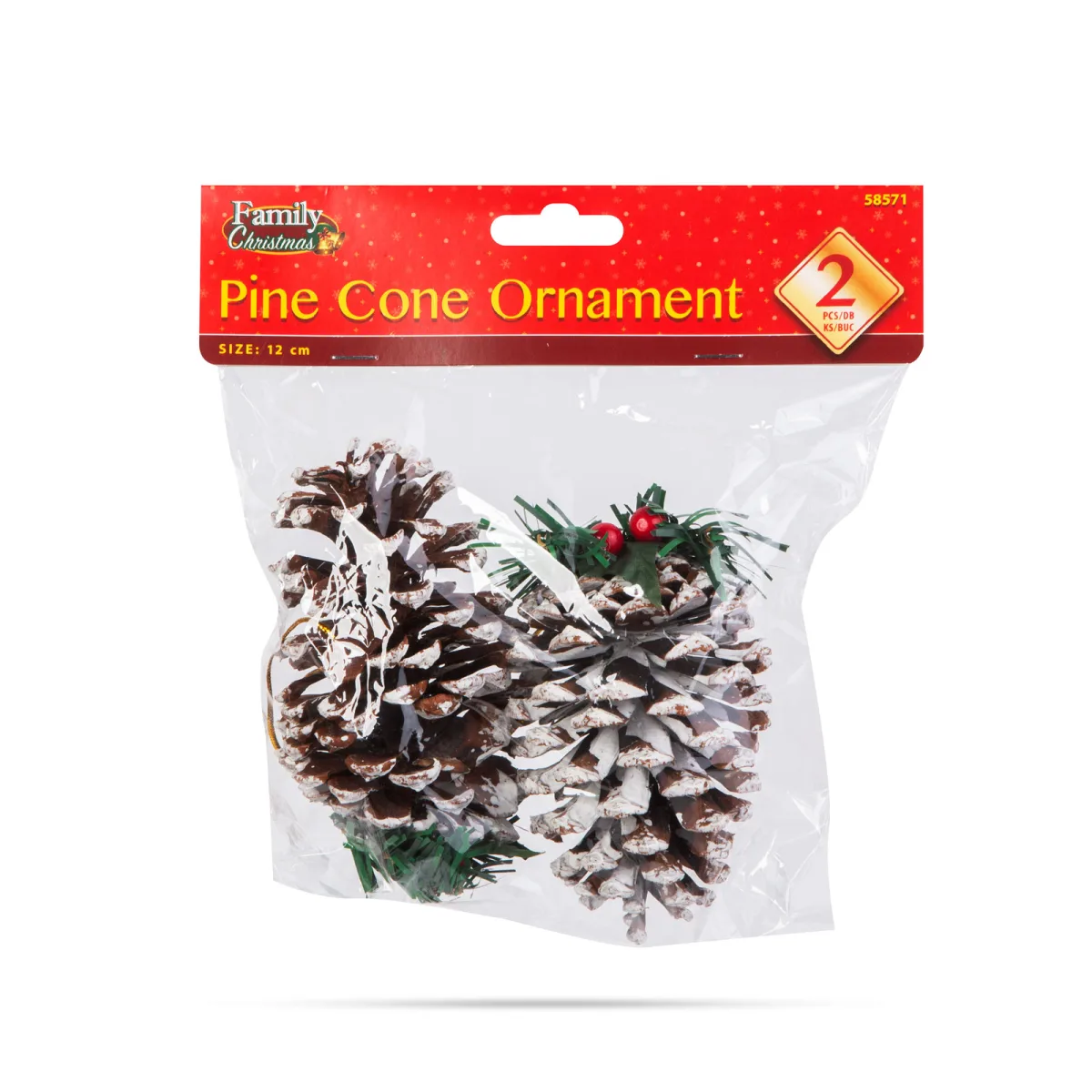 Decoratiune Craciun con natural 12 cm, set 2 buc cu fructe rosii si ramura brad - imagine 3