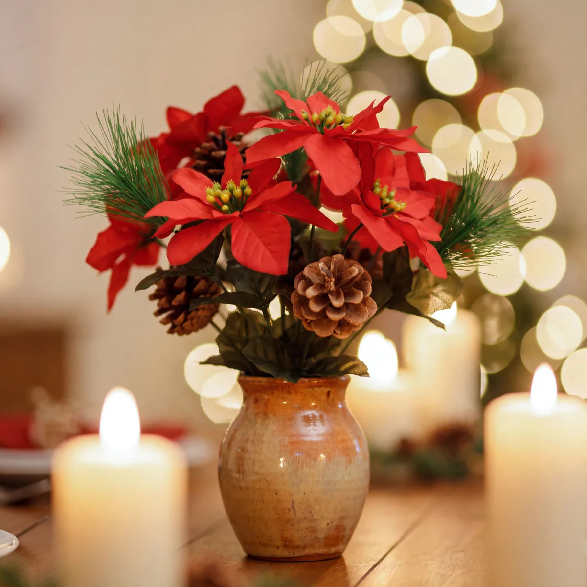 Decoratiune de Craciun cu 3 flori Poinsettia si conuri de brad, rosu inchis, 34 cm