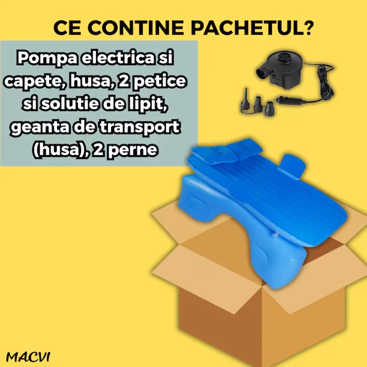 Saltea Gonflabila Auto Macvi® cu Perne si Suport de Echilibru, Ideala pentru Bancheta din Spate, Camping, Calatorii si Relaxare, Albastru - imagine 4
