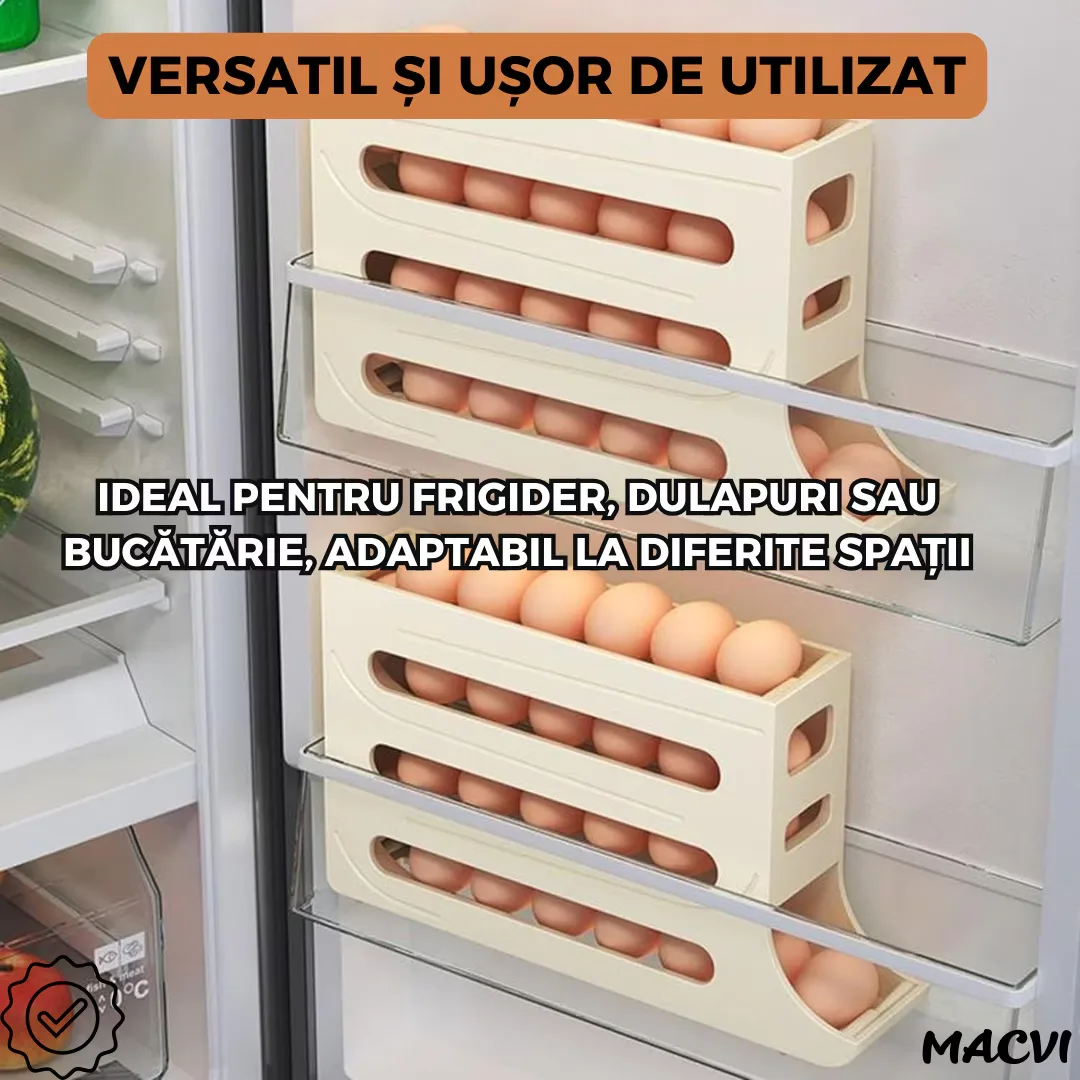 Suport organizator pentru oua Macvi®, 4 niveluri, rulare automata, 30 oua, 36x7x20 cm, alb, economisire inteligenta de spatiu in frigider - imagine 3