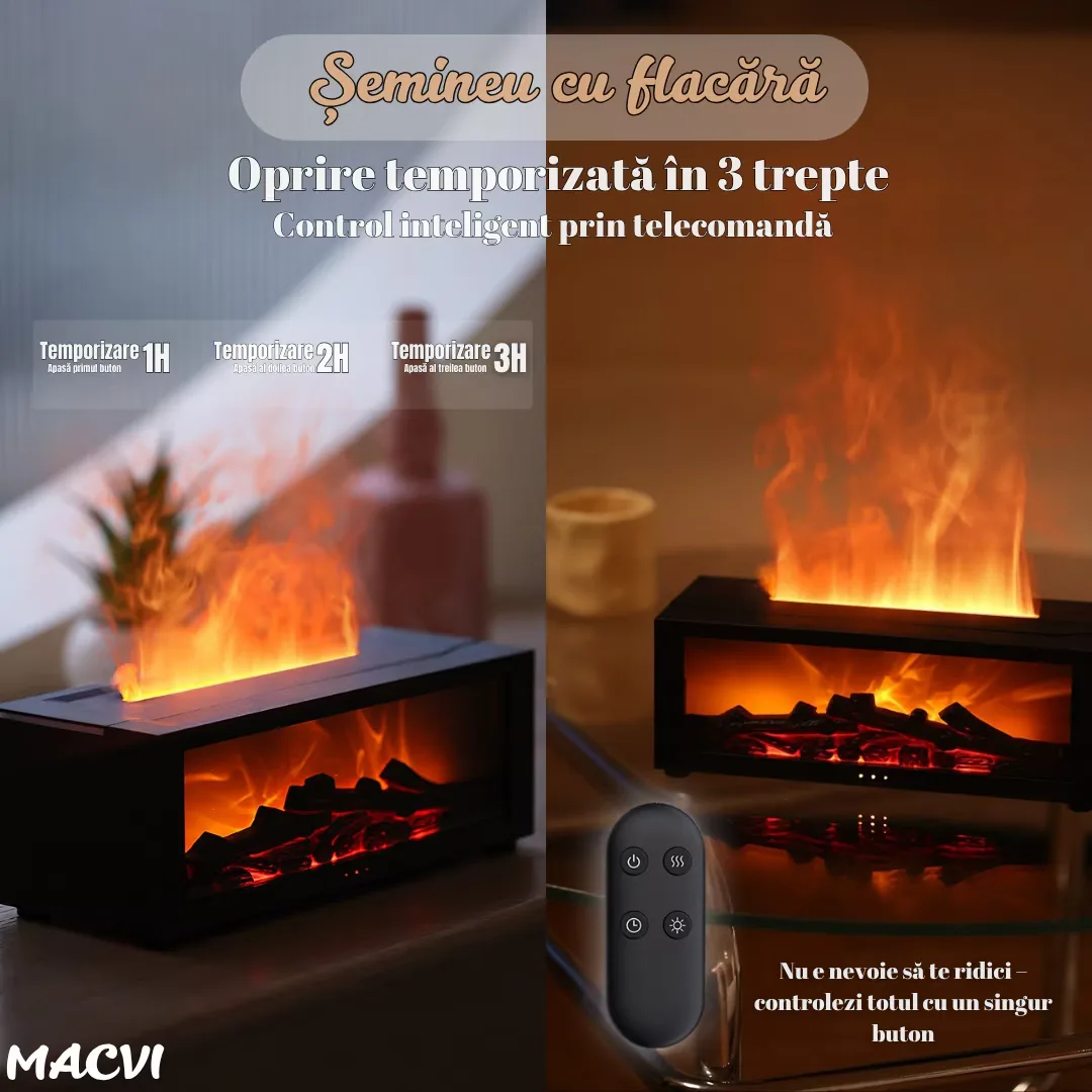 Umidificator de aer inteligent Macvi® 3D cu efect de flacara, aromaterapie, rezervor 200 ml, LED multicolor, silentios, portabil USB, cu telecomanda si 3 moduri de functionare - imagine 5