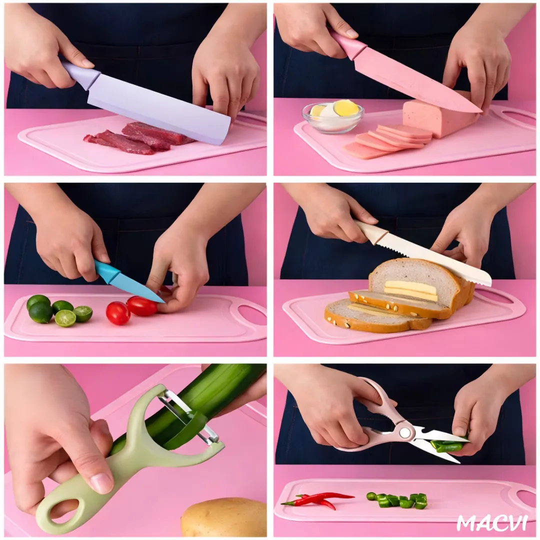 Set cutite bucatarie Macvi® 7 piese, otel inoxidabil, foarfece, curatator legume, tocator inclus, pentru carne, fructe si legume - imagine 2