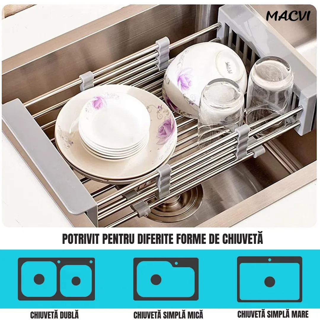 Cos de scurgere pentru chiuveta mica Macvi®, inox si plastic alimentar, 46x16 cm, extensibil, pentru legume, fructe si vase - imagine 3