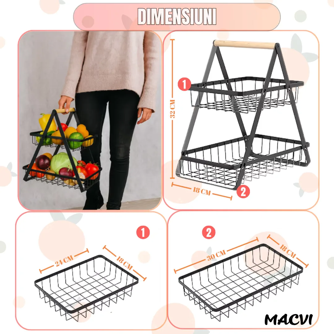 Cos de fructe decorativ Macvi®, 2 etaje, metal negru cu maner din lemn, stabil si elegant, ideal pentru depozitarea fructelor si legumelor - imagine 2