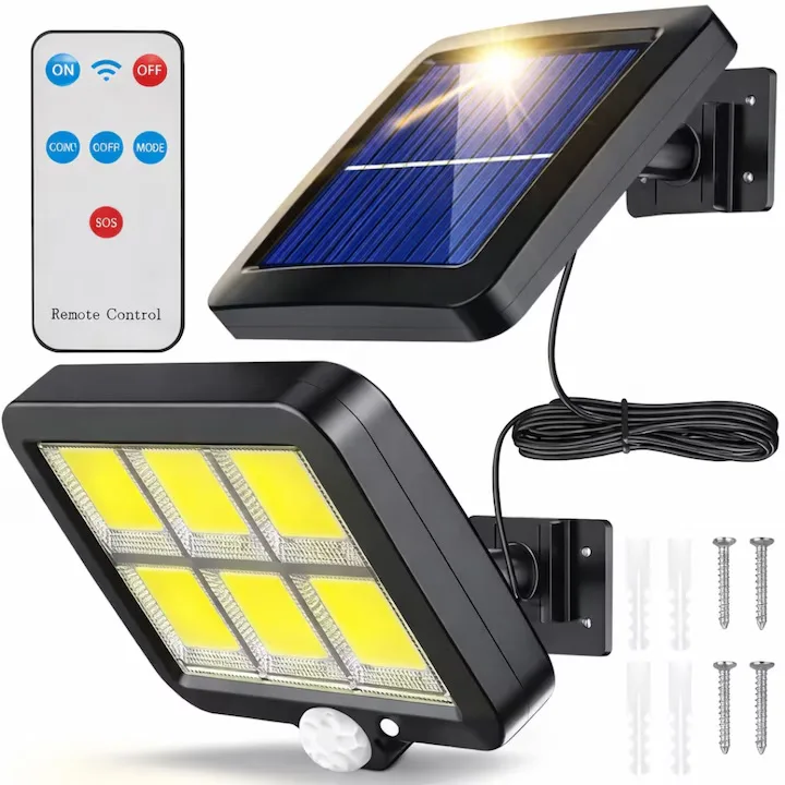 Lampa solara LED COB Macvi® 120 LED senzor miscare telecomanda panou solar reglabil cablu 5 m rotatie 360 grade IP65 rezistenta apa si praf lumina rece 30W