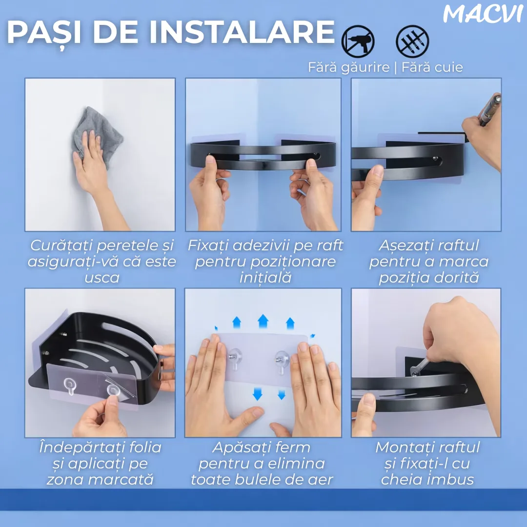 Raft de dus Macvi® set etajera baie aluminiu negru design modern si rezistent montaj usor spatiu optimizat - imagine 5