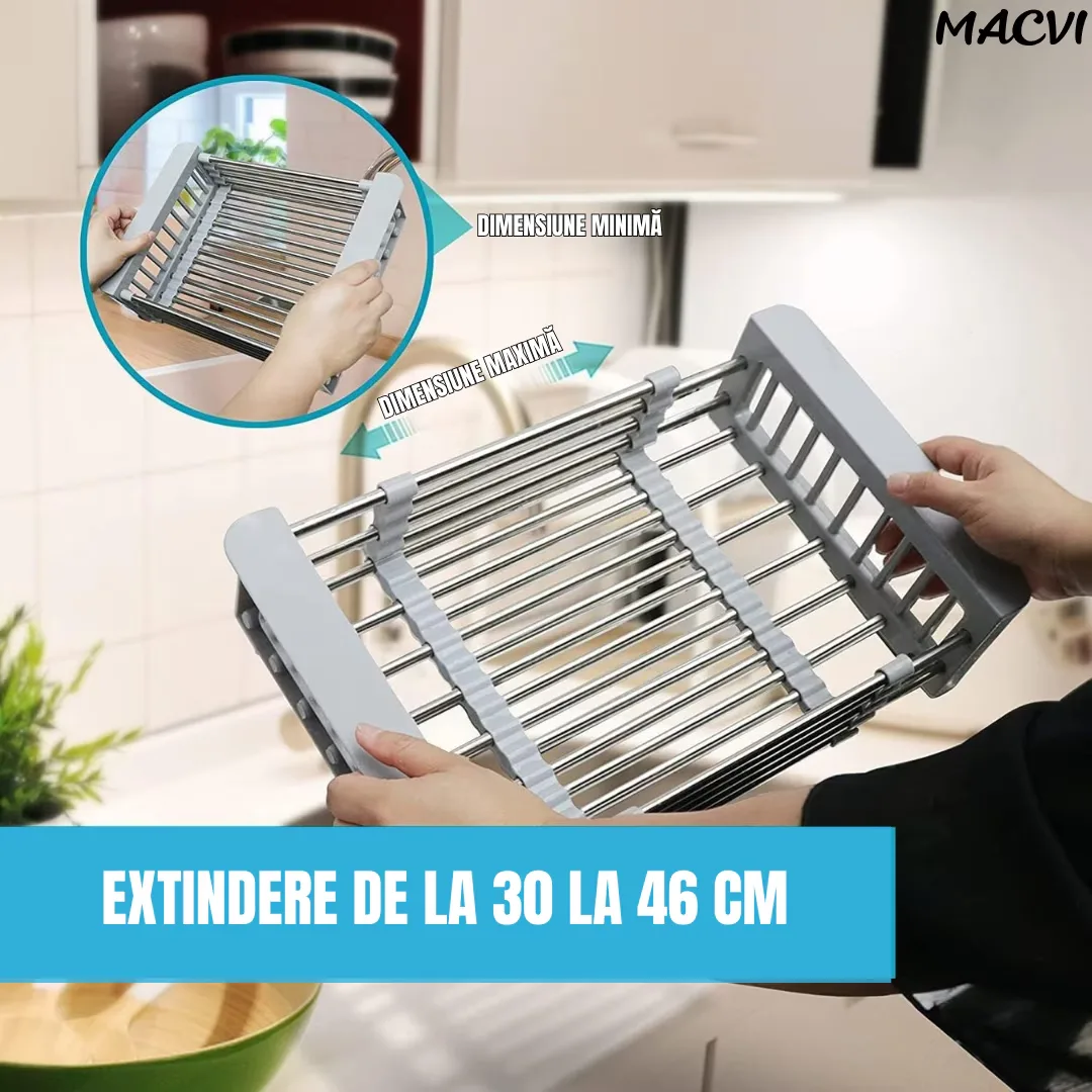 Cos de scurgere pentru chiuveta mica Macvi®, inox si plastic alimentar, 46x16 cm, extensibil, pentru legume, fructe si vase - imagine 4