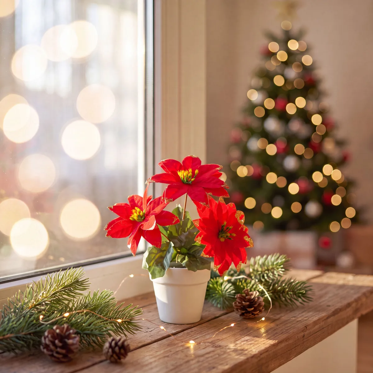 Floare artificiala Poinsettia in ghiveci, decoratiune de Craciun, rosie, 18 cm