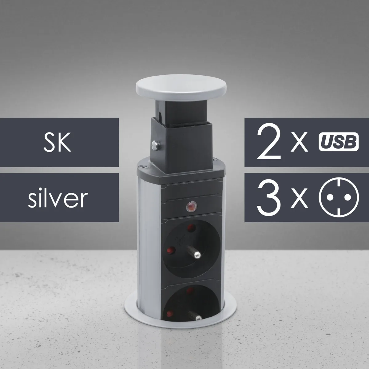 Priza incastrabila birou, 3 prize, 2 USB, 3500W, argintiu, pop up, 230V