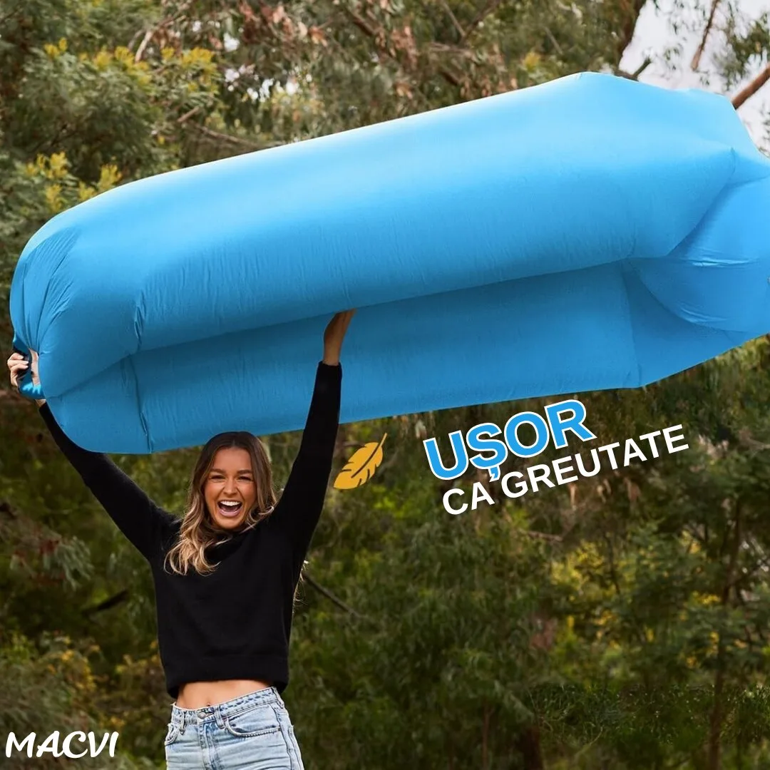 Saltea gonflabila tip sezlong Lazybag Macvi®, material rezistent, umflare fara pompa, pentru plaja/picnic/camping, rucsac de depozitare, 190 x 70 cm, Albastra - imagine 4