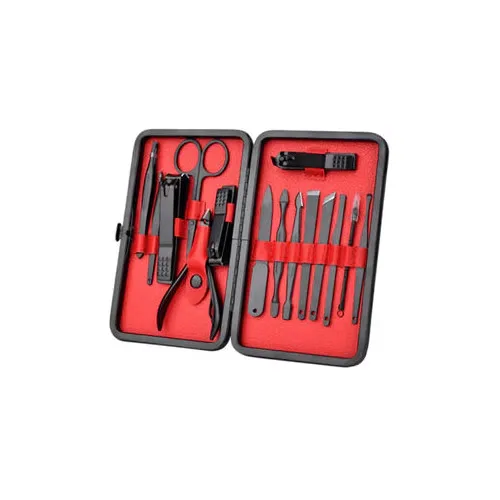 Set manichiura pedichiura Macvi® 15 piese din inox cu husa din piele ecologica si interior de velur sintetic rosu pentru ingrijirea completa a unghiilor - imagine 2