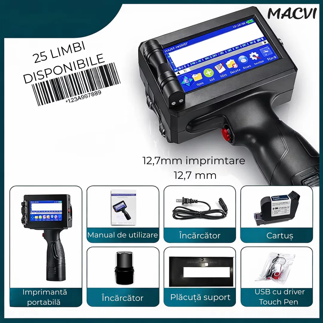 Imprimanta termica portabila Macvi®, wireless, 12.7 mm, cerneala HP originala, coduri QR, coduri de bare, date variabile, multifunctionala - imagine 2