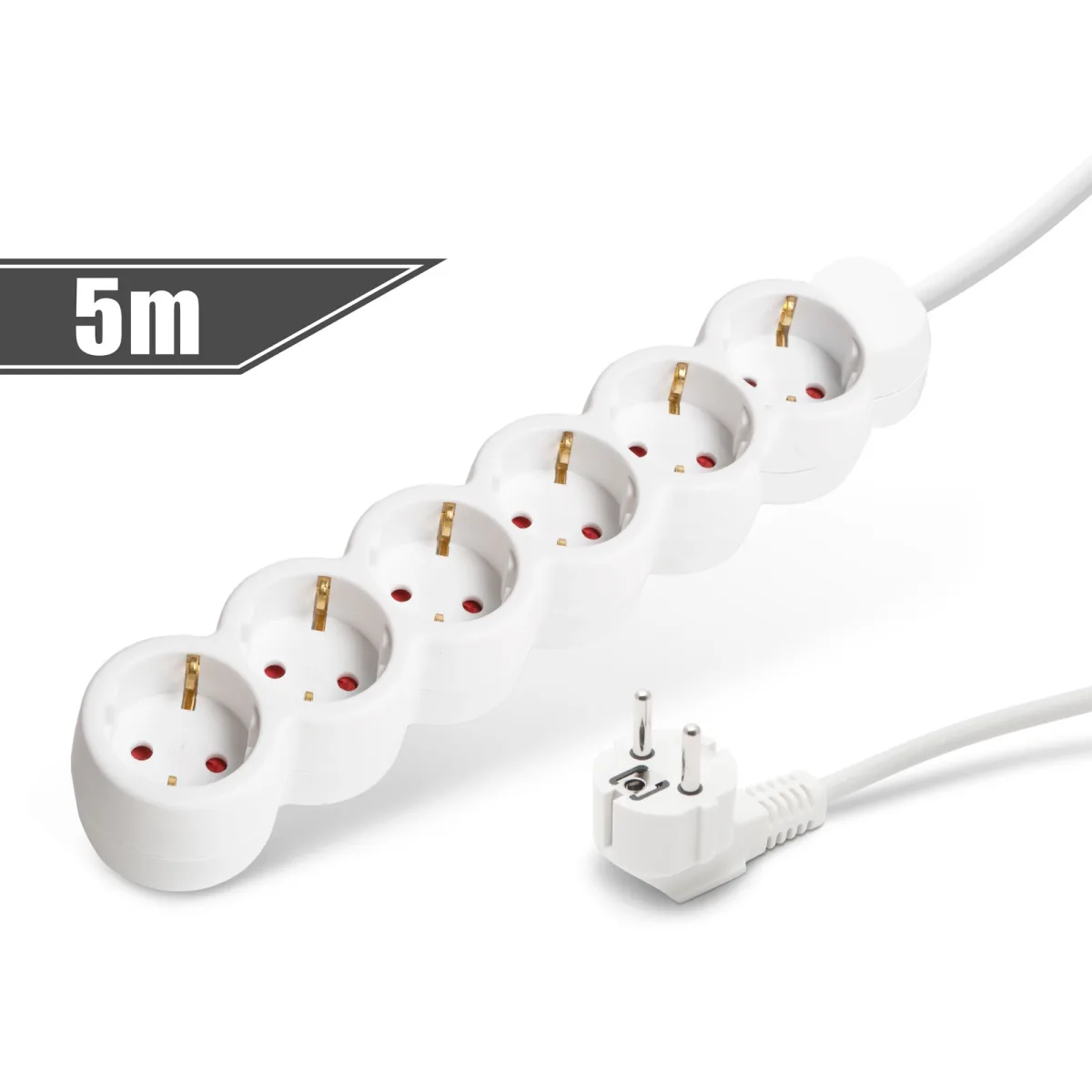 Prelungitor 6 prize Schuko, 5m, 16A, 3x1.5mm, protectie copii, stecher 90°, alb