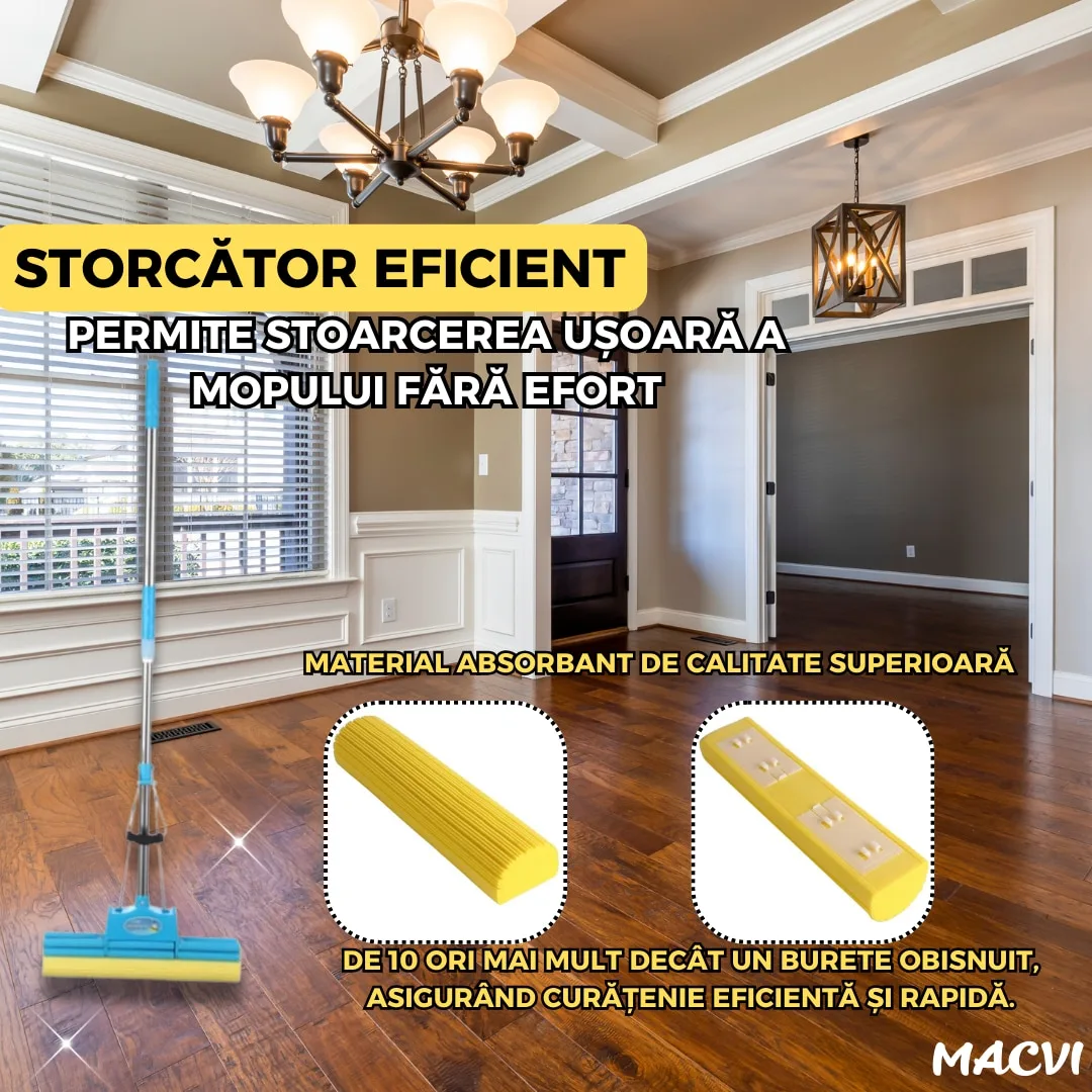 Mop Macvi® cu Storcator si Coada Metalica Telescopica 88-105 cm, PVA, 37 x 5 x 5 cm, Albastru - imagine 3