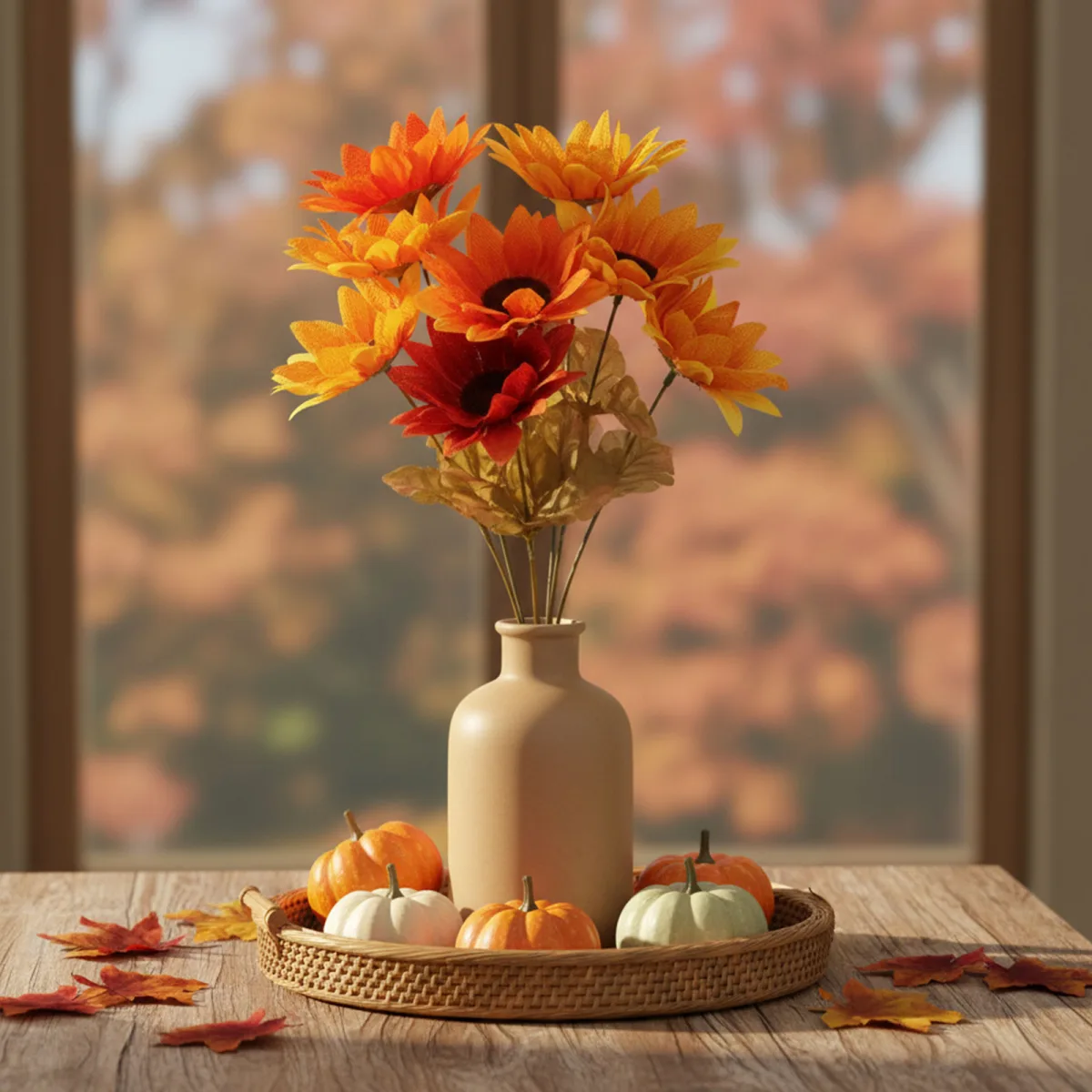 Decoratiune floarea soarelui, 35 cm, flori artificiale toamna, 5 capete, culori galben/portocaliu/rosu