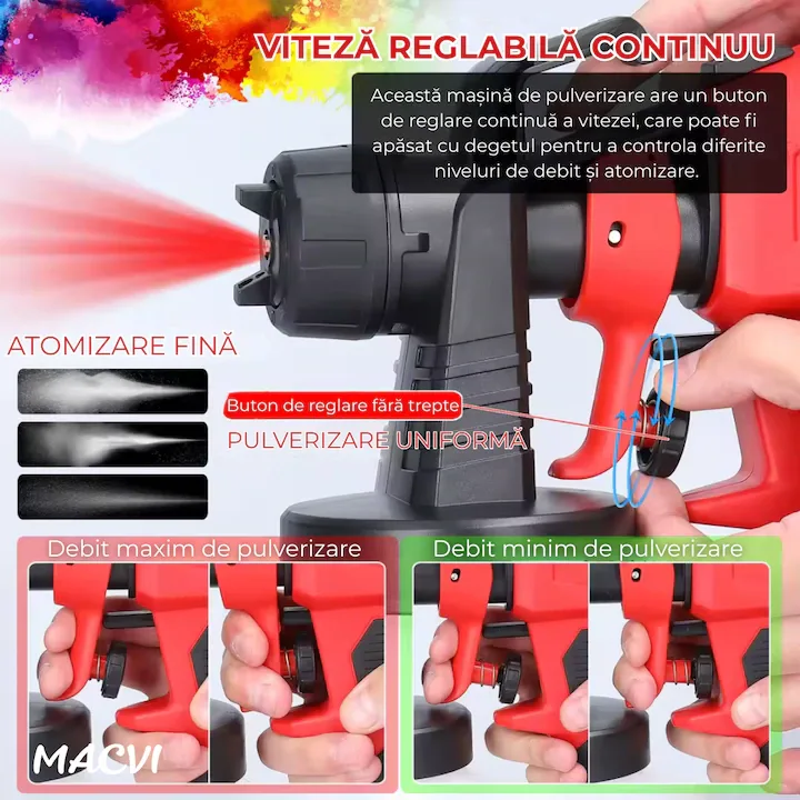 Pistol vopsit electric Macvi® 500W rezervor 800ml, rosu, viteza reglabila 32000rpm, 3 moduri de pulverizare, pulverizare fina, duze interschimbabile pentru interior tavan gard lac lemn metal - imagine 5