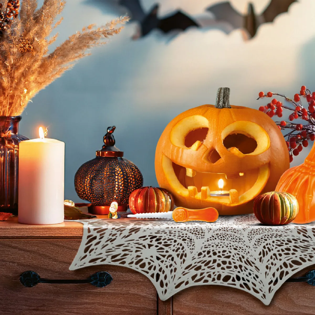 Decor Halloween, suport paianjeni, argintiu, Ø37 cm, plastic, masa, ornament, panza de paianjen