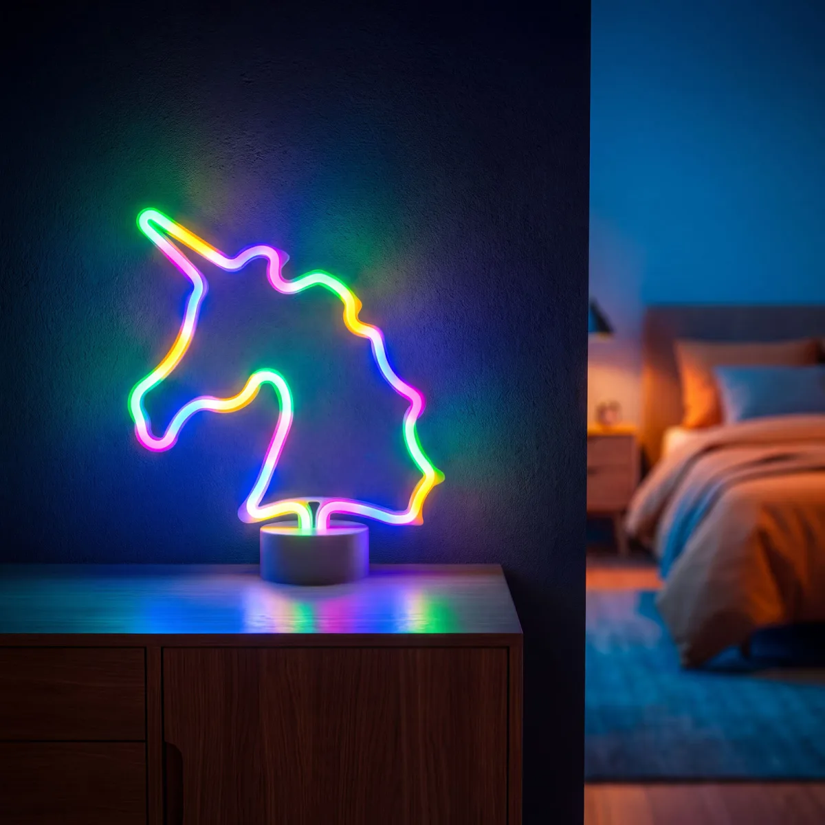 Lampa decorativa LED neon Unicorn, 120 LED-uri, multicolora, USB sau 3 x AA, 2W