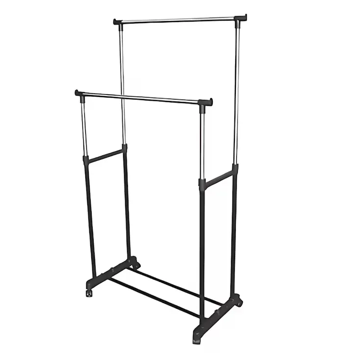Suport Haine Macvi® Dublu cu Inaltime Reglabila, Bara Metalica si Roti Pivotante Cuier Mobil pentru Uscare si Organizare, Ideal pentru Haine si Incaltaminte