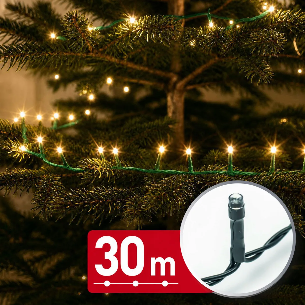 Instalatie de Craciun 30 m, 600 LED alb cald, 8 jocuri lumini, timer, IP44, cablu verde
