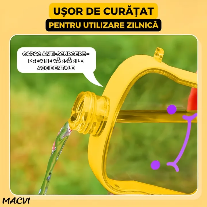 Sticla de Apa pentru Copii Macvi® Forma Toast, 380 ml, Fara BPA, Anti-Scurgere, Capac Etans, Curea Reglabila de Transport, Usor de Curatat, Galben - imagine 3