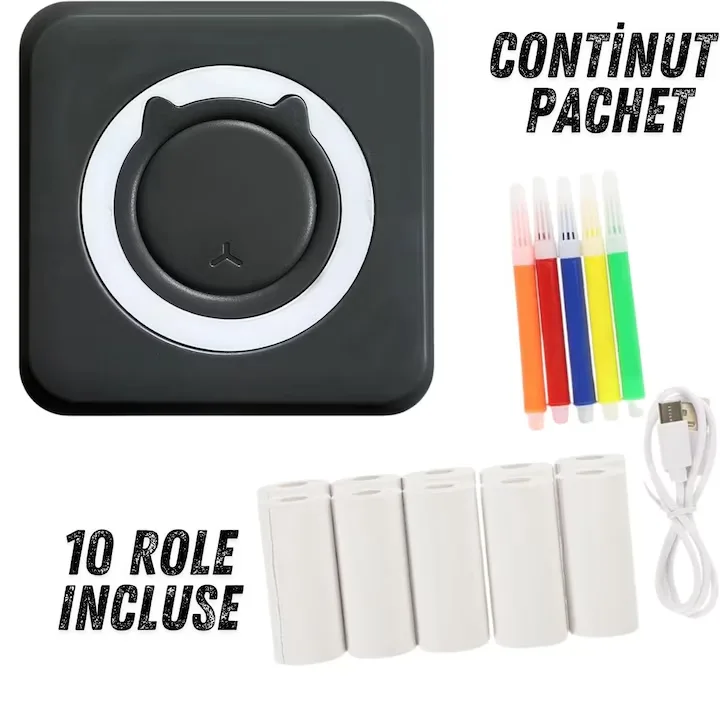 Imprimanta Termica Portabila MACVI, Bluetooth, Negru, 1200 mAh, Set 10 Role Hartie 57x25 mm - imagine 4