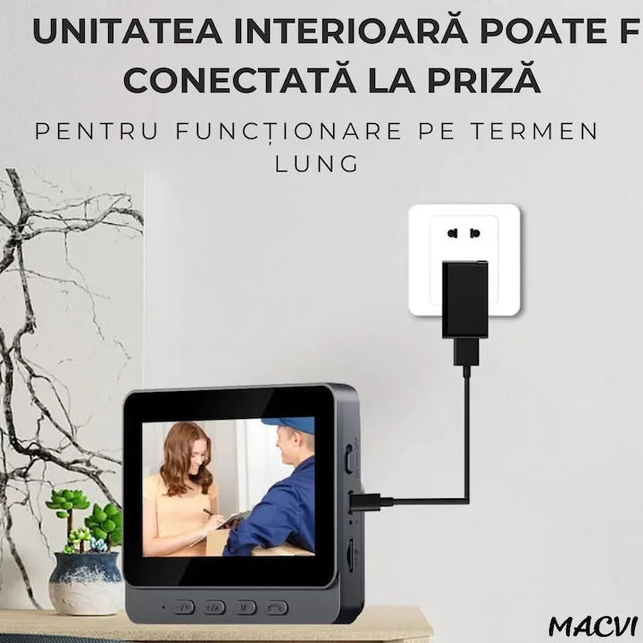 Sonerie video Macvi® wireless cu camera si monitor IPS 4, 3 inch interfon bidirectional fara WiFi, vedere nocturna IR, stocare pe card SD, instalare rapida - imagine 3