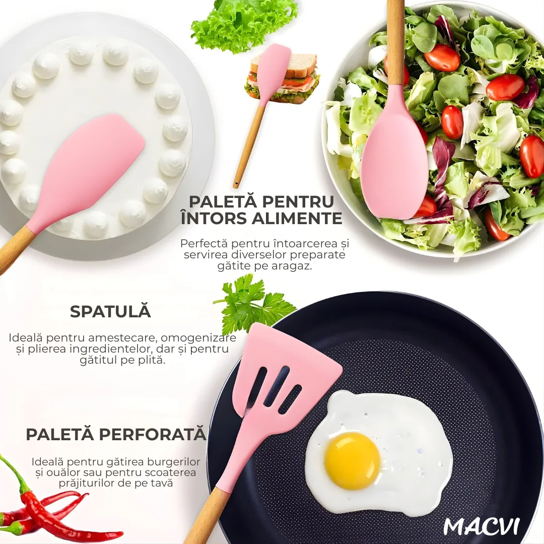 Set ustensile Macvi® bucatarie silicon premium 19 piese cu suport organizare cutite tocator linguri spatule fara BPA rezistente la temperaturi ridicate, Roz - imagine 5