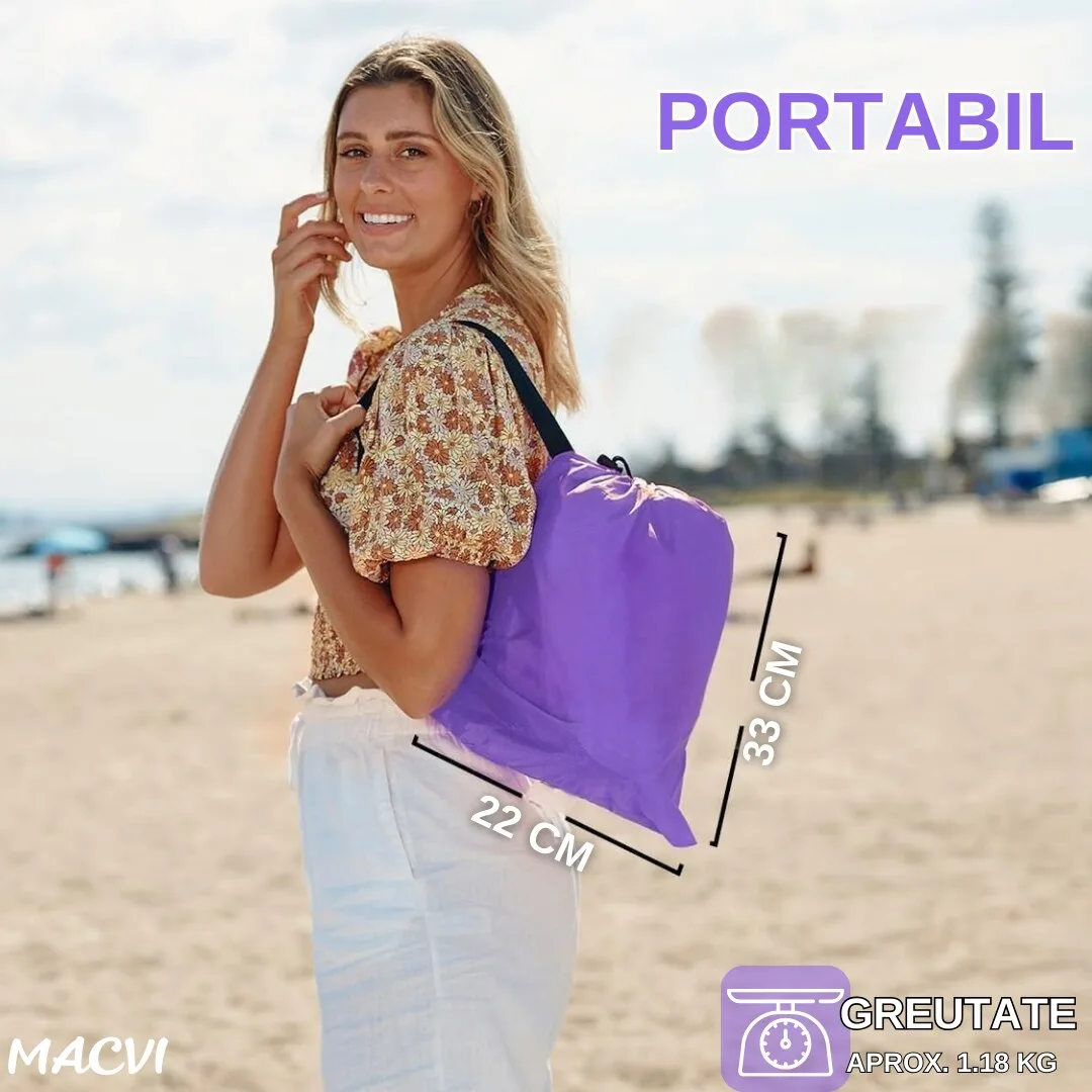 Saltea gonflabila tip sezlong Lazybag Macvi®, material rezistent, umflare fara pompa, pentru plaja/picnic/camping, rucsac de depozitare, 190 x 70 cm,,Mov - imagine 2