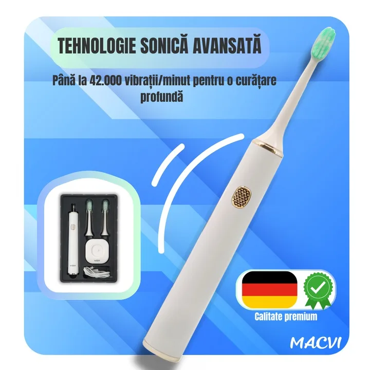 Periuta de dinti electrica Macvi® V-809, rezistenta la apa IPX7, suspensie magnetica, 3 moduri, Alb - imagine 2