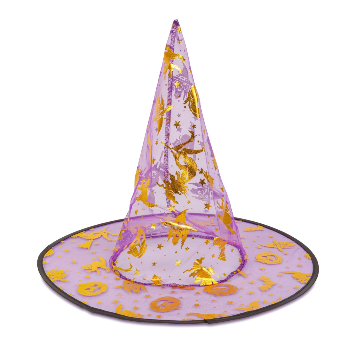 Palarie vrajitoare Halloween 38x34 cm, poliester, accesorii costum, 4 culori, sclipici auriu - imagine 3