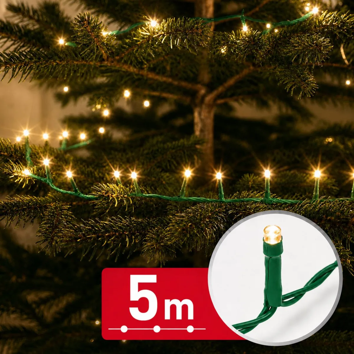 Instalatie de Craciun 5 m, 100 LED alb cald, 8 jocuri lumini, timer, IP44, cablu verde