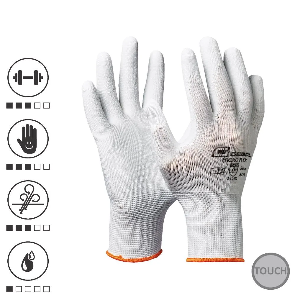 Gebol 709243, Manusi de protectie Nano Flex White, din poliester, acoperire subtire din poliuretan, uz profesional, marimea 9/L