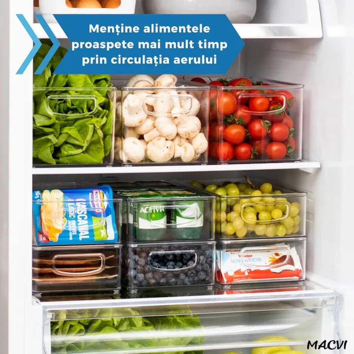 Set 12 organizatoare Macvi® pentru frigider, ABS durabil, fara BPA, stocabile, cu manere integrate, 26×15 cm, transparente - imagine 4