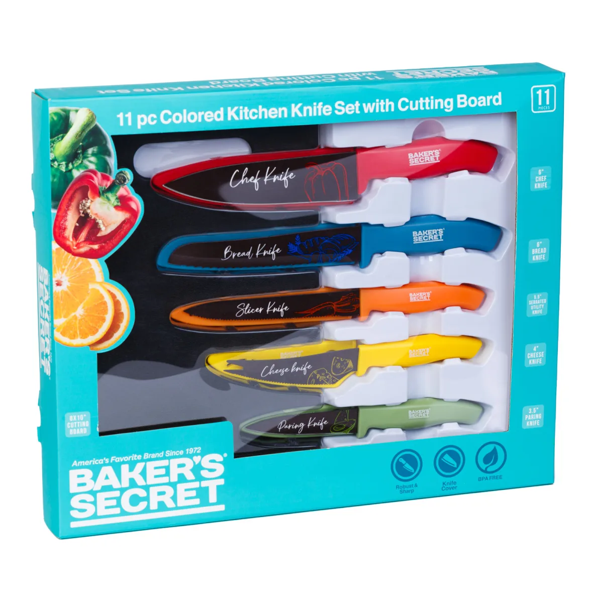Set cutite bucatarie Baker Secret 11 piese, cutite inox colorate cu protectii lama si tocator