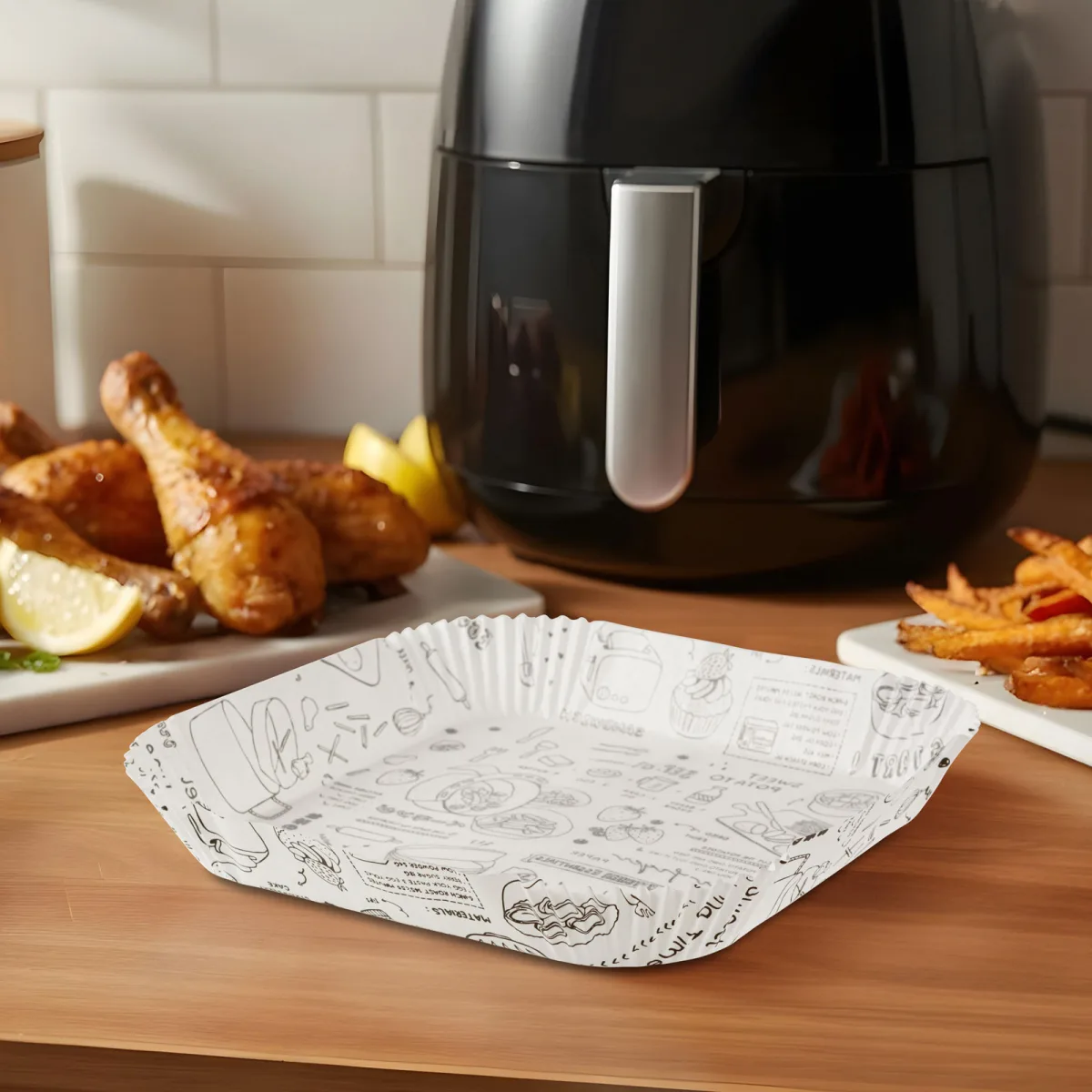 Hartie de copt air fryer patrata 20x20 cm, 50 buc, antiaderenta, rezistenta 220°C