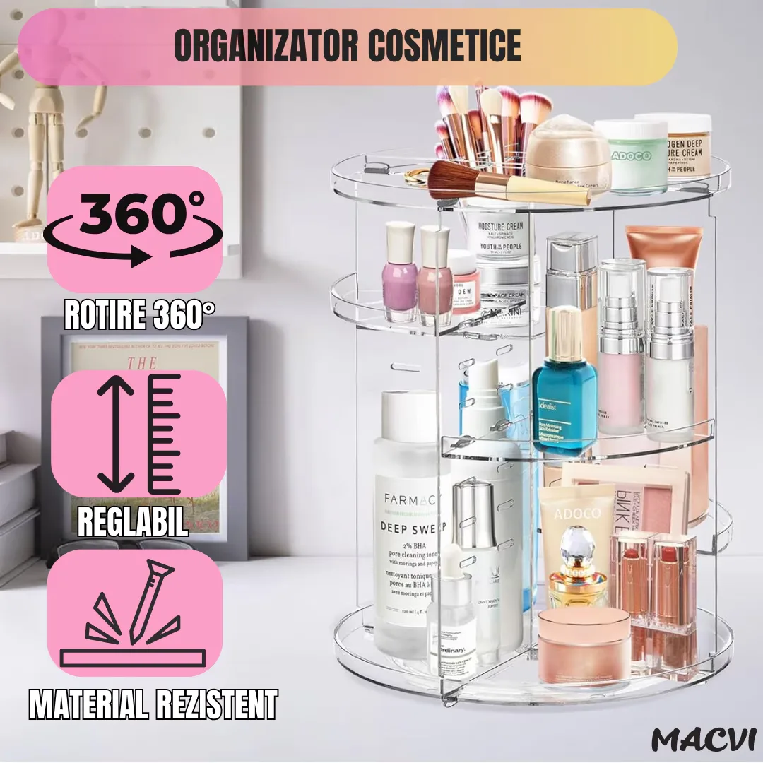 Organizator Cosmetice Rotativ Macvi® 360°, Design Reglabil, 9 Compartimente Spatioase, Montare Rapida, Ideal pentru Machiaj si Produse de Ingrijire - imagine 4