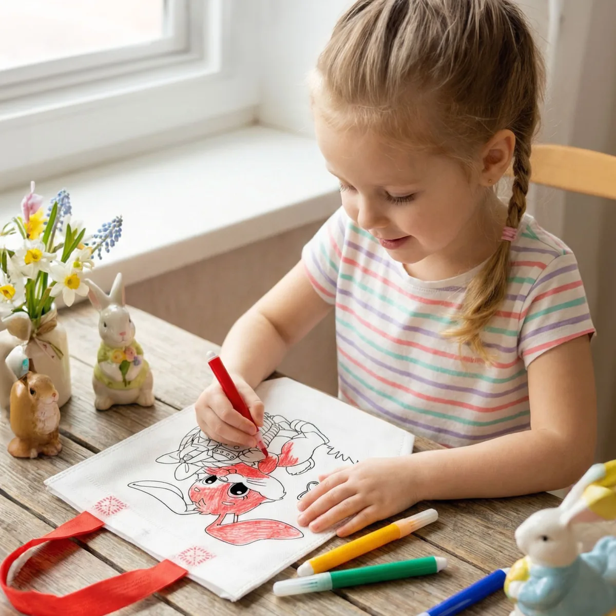Geanta de colorat cu 4 carioci, 22 x 21 cm, PET, activitati copii, 4 modele Paste