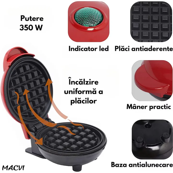 Aparat gofre Macvi® mini pentru vafe cu placi antiaderente indicator luminos design compact rosu ideal mic dejun rapid - imagine 5