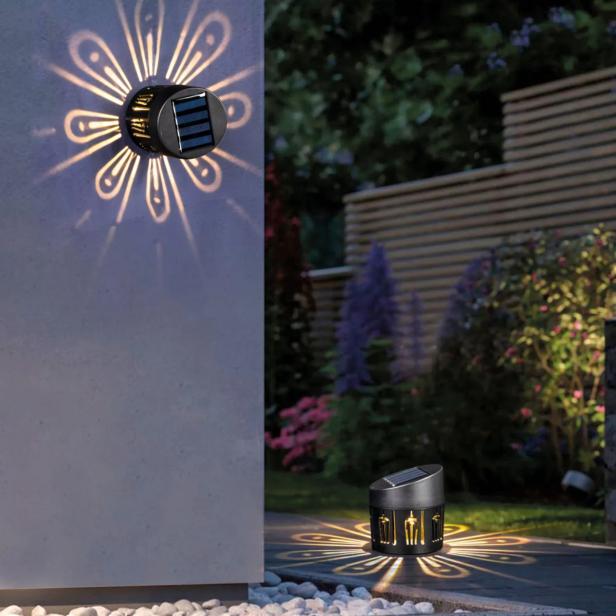 Lampa solara decorativa perete sau sol, LED alb cald, efect umbre, iluminat gradina exterior