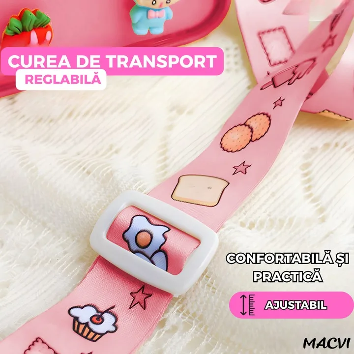 Sticla de Apa pentru Copii Macvi® Forma Toast, 380 ml, Fara BPA, Anti-Scurgere, Capac Etans, Curea Reglabila de Transport, Usor de Curatat, Roz - imagine 3