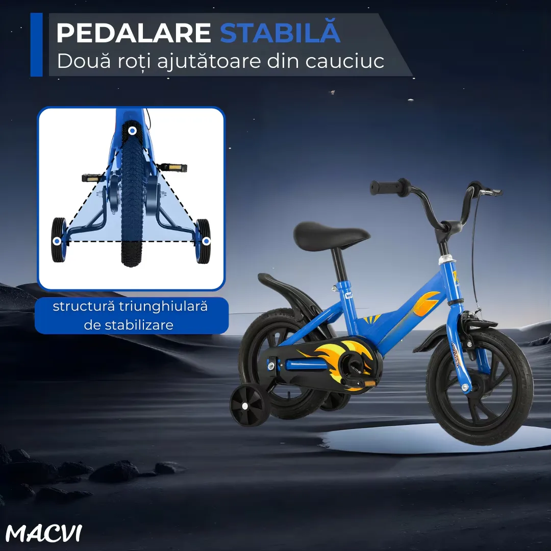 Bicicleta copii Macvi® 12 inch cu roti ajutatoare frana V-Brake, sezut reglabil, cadru din metal, albastru, 2-6 ani - imagine 4