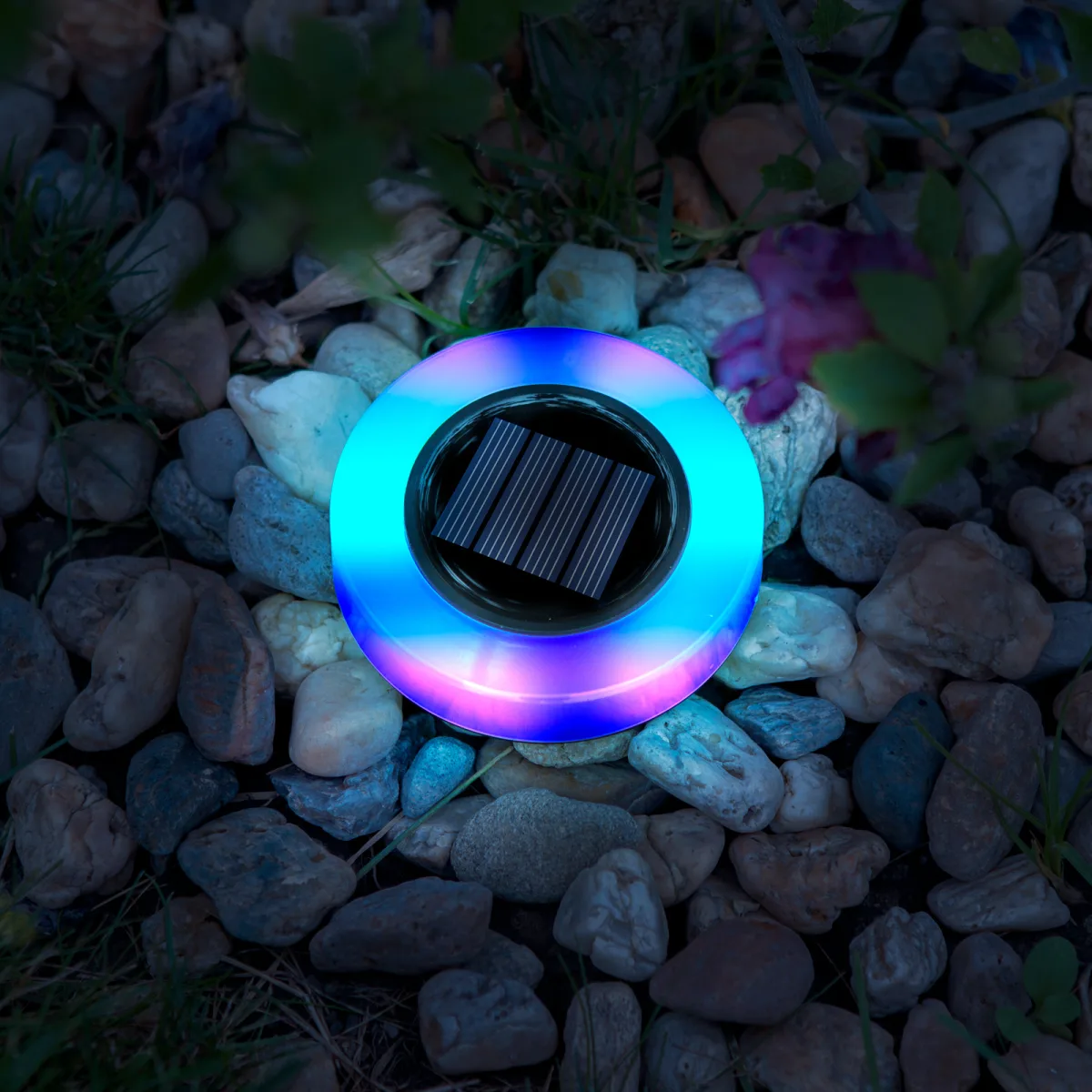 Lampa solara gradina LED RGB circulara, iluminat exterior cu tarus, schimbare culori