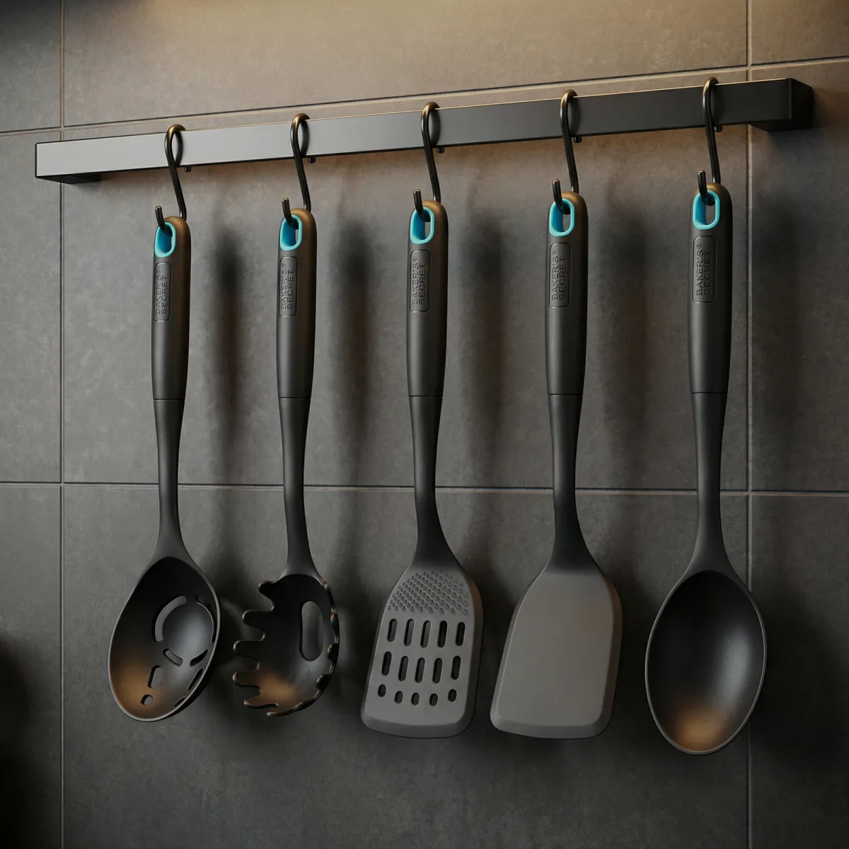 Set ustensile bucatarie Baker's Secret nylon 5 piese 32 cm, spatula lingura polonic furculita paste pentru gatit - imagine 2